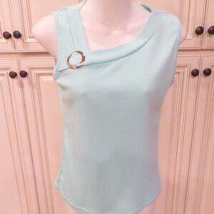 Aqua Blue Cotton Jersey Buckle Neck Sleeveless Tank Top Blouse size M